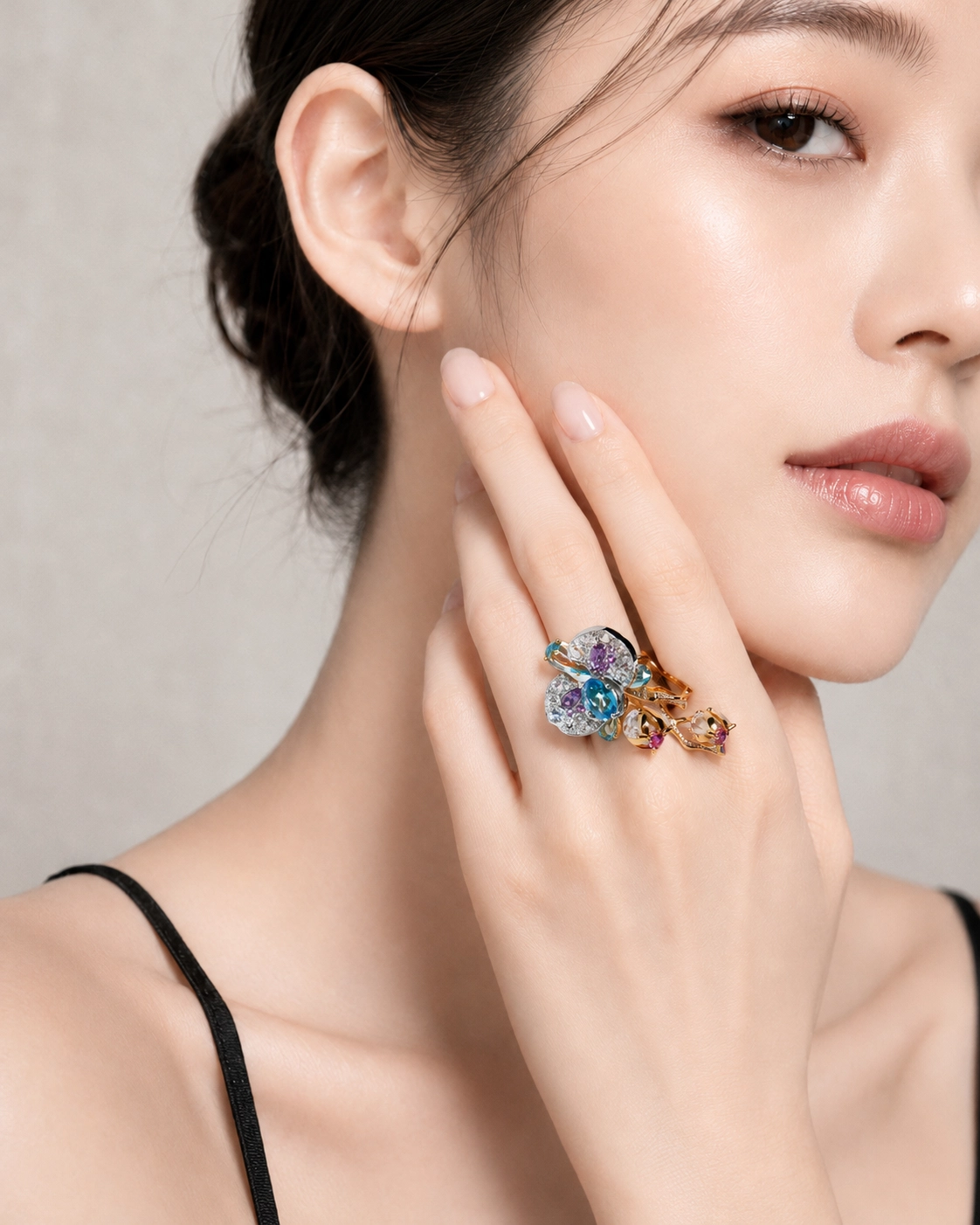 OLi Jewelry — 頂級聖瑪利亞海水藍寶石．三層蘭花戒